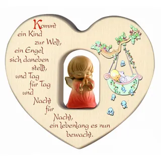HERZ AUS HOLZ mit SCHUTZENGEL [Engel rot] und SEGENSSPRUCH – Geschenk zur GEBURT oder TAUFE für MÄDCHEN – Wand-Dekoration fürs KINDERZIMMER – MaMeMi Collection aus SÜDTIROL