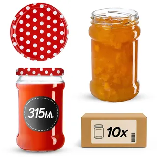KADAX 10er Set Einmachgläser 315ml TO66 Rot gepunktet, Marmeladengläser Vorratsgläser Mason Jar mit Schraubdeckel, Luftdicht & Spülmaschinenfest, Honig- & Dessertgläser