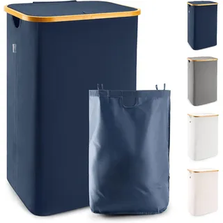 LONBET Wäschekorb mit Deckel 100L Groß - Stilvoller Wäschesammler Atmungsaktiv mit Stabilem Bambus-Rahmen - inklusive Herausnehmbarem Wäschesack Waschbar - Laundry Baskets Wasserdicht | Blau