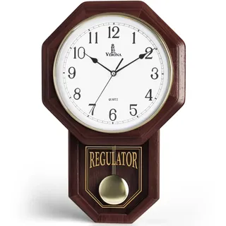 Verona Uhren Holz Pendel Wanduhr – dekorative Wanduhr mit Schwingendes Pendel – 45,7 x 28,6 cm – Quarz, batteriebetrieben, Silent echten Glas & Holz – Schulhaus, Regulator Design by Dunkles