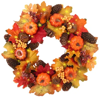 Künstliche Herbst Kranz 40cm Kürbisse Kranz Herbstlaub Ahornblatt Herbstkranz Haustür Dekoration Türkranz Tischkranz Deko mit LED-Licht Kürbis Beeren Tannenzapfen für Halloween Thanksgiving Weihnachts