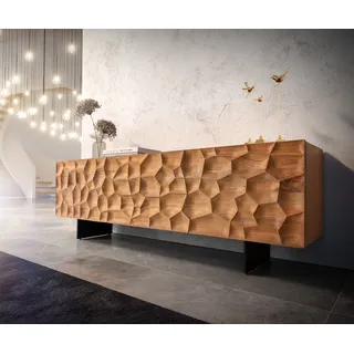 DELIFE Lowboard Solu 175 cm Akazie Natur 2 Türen 2 Schübe Fuß schwebend Metall Schwarz 3D-Front - Braun