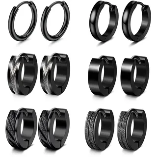 Adramata 6 Paare Herren & Damen Ohrringe - Edelstahl Creolen & Hoops Earrings Set - Schwarz für Punk & Mode