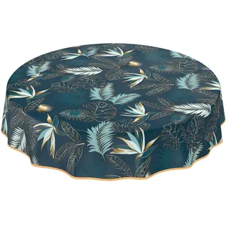 ANRO Wachstuchtischdecke abwaschbar Garten Tischdecke Wachstuch Rund Oval Eckig Indoor Outdoor Blätter Gold Blau Rund 140cm mit Saum - Eingefasst