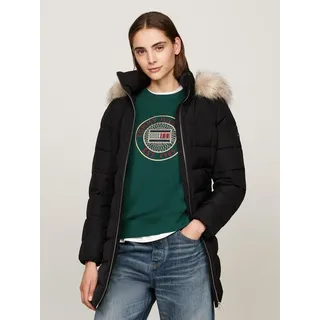 Tommy Hilfiger Damen, Daunenmantel Heritage DOWN TYRA COAT WITH Fur mit Taschen, schwarz, (Black), XS