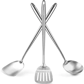 YOSUKATA Wok Schöpflöffel Schlitzwender und Pfannenwender Edelstah 43 cm | Küchenhelfer Set Edelstahl 304- Schaumkelle - Spachtel Küche - Suppenkelle Edelstahl - Spülmaschinenfester Wok-Zubehör
