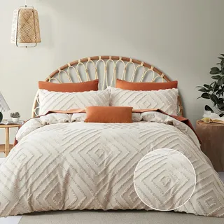 Freyamy Boho Bettwäsche 220x240cm Beige Getuftet Kariert Bettwäsche-Sets Stickerei Shabby Chic Bettwaren-Sets Microfaser Mädchen Deckenbezug 1 Bettbezug mit Reißverschluss und 2 Kissenbezug 80x80cm