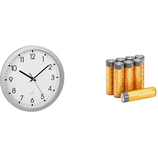 TFA Dostmann Analoge Funk-Wanduhr, 60.3522.02, 30 cm Durchmesser, mit Sekundenzeiger, Glasabdeckung, großes Ziffernblatt, für Küche/Wohnzimmer/Büro + Amazon Basics Packung 8 AA