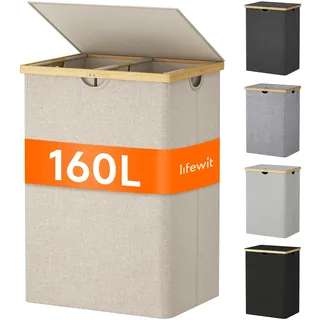 Lifewit 160L Bambus Wäschekorb mit Deckel, Faltbar Wäschesammler 2 Fächer Wäschesortierer mit Abnehmbarem Wäschesack Bambus Griffen Wäschebox Laundry Baskets für Waschküche, Schlafzimmer, Beige