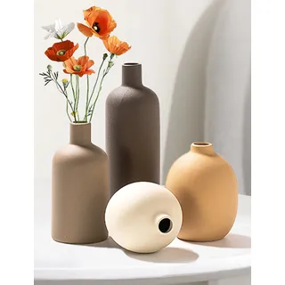 VASETOPIA Vase Keramik Blumenvase 4 Stück, Elegante Pampasgras Home Dekorative Kleine Vasen für Tisch, Tafelaufsätze, Regal (Dunkelbraun/Braun/Orange/Weiß)