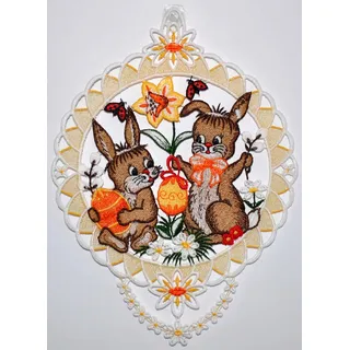 Stickereien Plauen Fensterbild "Fensterbild Hasenpärchen" Echte Plauener Spitze, bunt