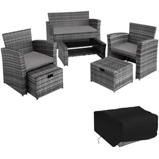 tectake Rattan-Sitzgruppe Modena 3+2+1 inkl. Schutzhülle, outdoor Polyrattan UV-beständig, grau, Sofastaufach, Stahlgestell , Grau , Kunststoff , Rechteckig , Gartenmöbel, Gartengarnituren, Gartenmöbel-Sets