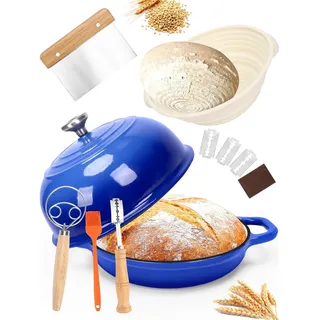 GFTIME Gusseisen Topf Brot Backen, Schmortopf Gusseisen Topf mit Deckel, Dutch Oven Brotbacktopf mit Gärkorb Einschneider Teigmischer Brotbackform für Schmoren, Braten, Sauerteig Starter Set,Blau