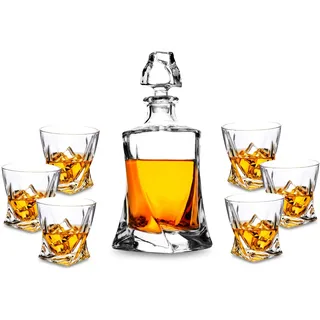 KANARS 7-Teiliges Bleifrei Kristallgläser Whisky Karaffe Set, 800 ml Dekanter mit 6x 300 ml Whiskey Gläser für Whisky, Cognac, Scotch, Martini, Schöne Geschenkbox