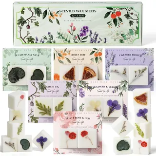 Duftwachs Geschenkset - 6 Düfte mit getrocknete Blumen - Rose & Oud, Eukalyptus & Minze, Ingwer & Eisenkraut, Feige, Zitrus, Lavendel - Sojawachs Würfel für Duftlampen, Ideal für Muttertag, Geburtstag