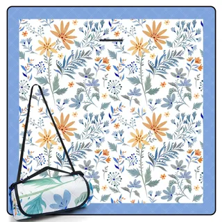 DEWUR Picknickdecke wasserdicht waschbar, Stranddecke Sandfrei XXL Campingdecke Strandmatte isoliert mit wasserdichter Unterseite (Weiß mit Blumen, 200 x 200 cm)