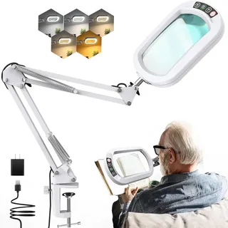 12X Lupe mit Licht und Klemme, Echtes Glas Ständer-Beleuchtung Lupe, 5 Farbmodi und stufenloser Dimmbarkeit LED Schreibtischlampe Freihändige für Handwerk Hobbys Lesen Malen Nähen und Naharbeit - Weiß
