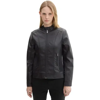 Bikerjacke TOM TAILOR, Damen, Gr. M (38), schwarz (deep schwarz), Web, Obermaterial: 100% Viskose. Futter: 100% Polyester, unifarben, regular fit taillenlang, Rundhals, Jacken Bikerjacke, Kunstleder mit Reißverschluss