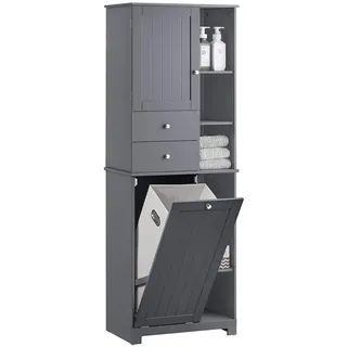 SoBuy Hochschrank mit Wäschesack Grau , Holzwerkstoff , 60x170x37 cm , Badezimmer, Badmöbel, Hochschränke