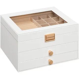 HOOBRO 3-stöckiger Schmuckkästen, Schmuckbox, Schmuckaufbewahrung, Samtfutter und Klappdeckel, 2 Schubladen und transparentes Acrylfenster, für Halsketten, Armbänder, Ringe und Uhren, Weiß EWT26JB04