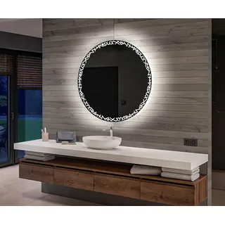 Batteriebetriebener LED Runde Spiegel 60x60 cm - Badspiegel mit LED Beleuchtung - LED Farbe Kaltweiß 7000K - Individuell Nach Maß - Beleuchtet Wandspiegel Lichtspiegel Badezimmerspiegel OKRBP115 - Transparent