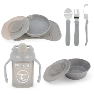 Twistshake Babygeschirr-Set - 4-teilig | 1x Baby-Tischset - 1 Babyteller - 1 Babynapf - 3 Edelstahlbesteck - 1 Trinkbecher | 6 Monate + Baby-Geschirrset | Geschirr für die Babyentwöhnung | Hellgrau