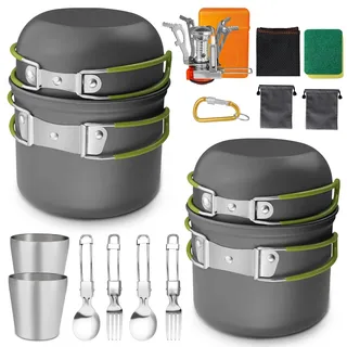 AUTOPkio Camping Kochgeschirr Set für 2 Personen, 18-Teilig Camping Töpfe Aluminium Camping Kochtopf mit Gaskocher, Edelstahl Besteck Becher für Outdoor Picknick, BBQ, Wandern, Kochen