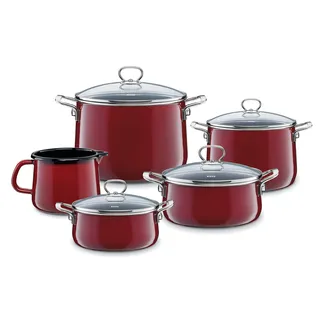 Riess, 0584-008, Familien-Set 5tlg., ROSSO, Emaille, Made in Österreich, LBH: 48,5x39,0x28,5cm, 7,740kg, Kanne mit Henkel, Deckel, Induktionskocher kompatibel, Gasherd geeignet, Elektroherd geeignet