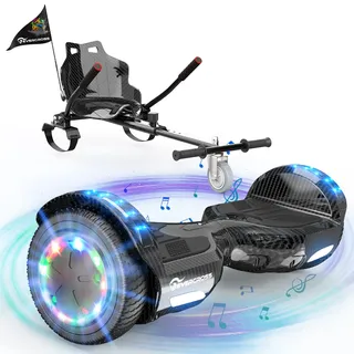 EVERCROSS 6,5′′ Hoverboards mit Sitz, 4 Ah Batterie, Bluetooth, LED | Hover Board mit Hoverkart für Kinder Teenager Erwachsene, bis 15 km/h, 10–15 km Reichweite, 70–90 cm Verstellbare Kart-Länge