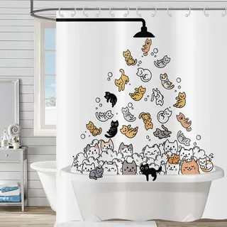 Hnmdmyi Duschvorhang Lustige Katze 120x200, Kinder Cartoon Tier Kätzchen Bunt Liebenswert Urkomisch Haustiere Badewanne Vorhang Wasserdicht Polyester Stoff Waschbar Badevorhang mit Haken