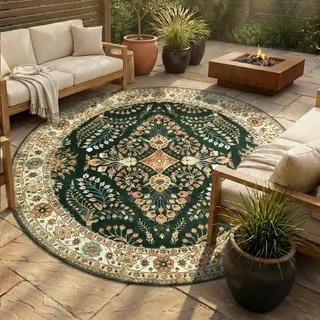 Vintage Gartenteppich Rund - Santo Flora Dunkelgrun - Ø 160 cm - Balkon, Garten / Terrasse - FRAAI | Home & Living - Orientalisch - Grün