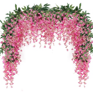 JUSTOYOU 2pcs 7FT Künstliche Glyzinien-Rankengirlande Gefälschte Blume Glyzinien-Girlanden für den Innen- und Außenbereich, Hochzeit, Wand, Badzimmer-Dekoration (Magenta)