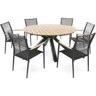 di volio Gartenmöbel-Set ORVIETO, Gartenmöbel-Set für 6 Personen - runder Esstisch & 6 Stühle, Kunstholz & Aluminium, bequeme Stühle mit Armlehnen - Beige, Schwarz