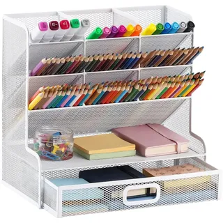 Marbrasse Schreibtisch-Organizer aus Netzstoff, Multifunktionaler Stifthalter,für Schreibtisch,Aufbewahrungsregal für Schule,Zuhause,Büro,Kunstbedarf (Mesh Pen Holder White with Drawer)