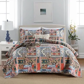 VISIMISI Tagesdecke 220x240cm Baumwolle Bettüberwurf, Bettdecke mit 2 Kissenbezüge,Braun Blumen Böhmen Stil Steppdecke Gesteppte für Doppelbett (Bunte Böhmisch, 230x250cm)