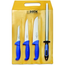Bild DICK Messer Set ErgoGrip 4-teilig (Ausbeinmesser 13 cm „schmal“, Stechmesser 18 cm, Blockmesser, 21 cm, Wetzstahl FineCut, HRC 56°) 82555000, Blau
