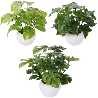 Unyqoos® 3er-Set realistische künstliche Zimmerpflanzen in Töpfen – Monstera, goldene Pothos & Efeu, pflegefrei, Kunststoff, H ≈19 cm, B 24 cm, Topf H 6 cm Ø 8,5 cm - Grün