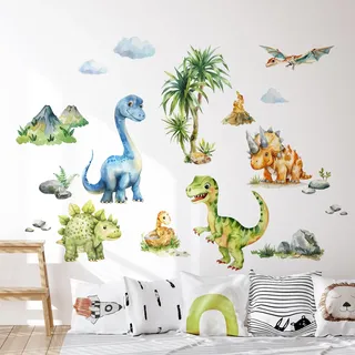 Tanlaby Wandtattoo Dinosaurier Wandaufkleber Dschungel Dino Palme Baum Wandsticker Aquarell Dino Wanddeko Sticker für Jungen Babyzimmer Kinderzimmer Spielzimmer