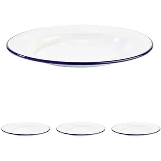 APS 40666 Teller ENAMELWARE, Ø 26 cm, Höhe 2 cm, emailliertes Stahlblech, weiß mit blauem Rand (Packung mit 4)