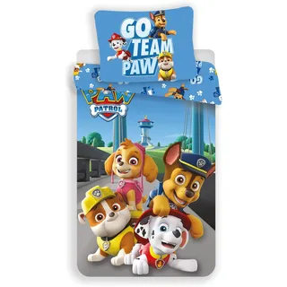 Bettwäsche Set, Paw Patrol, 140x200 Bettdecke + 70x90 cm Kopfkissen, 100% Baumwolle mit Reißverschluss - Bunt