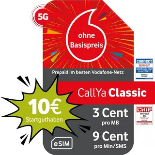 Vodafone Prepaid CallYa Classic eSIM | 10 EUR Startguthaben I ohne Vertrag | 5G-Netz | 9 Ct. pro Min/SMS