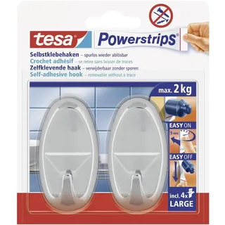 tesa Powerstrips Haken Large OVAL - Selbstklebender Wandhaken für Glas, Kacheln, Holz, Kunststoff und andere Untergründe - Chrom