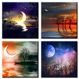 Ohok Premium Leinwandbilder Kunstdruck Bilder 30x30cm, Leinwanddruck Bilder 4er-Set Wandkunst Dekor Bild mit Holzrahmen Wandbilder für Schlafzimmer Büro Home Dekorationen (Mond/See)