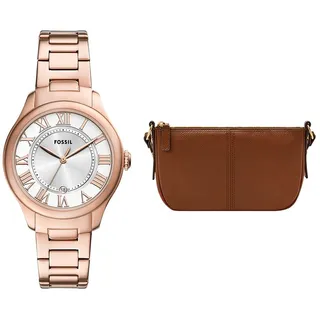 Fossil Damen Raquel Roségoldfarbene Edelstahl Uhr und Jolie Tasche Braun, Set