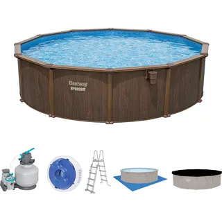 Bestway® HydriumTM Stahlwandpool Komplett-Set mit Sandfilteranlage Ø 488 x 132 cm, Holz-Optik (Palisander), rund - Braun