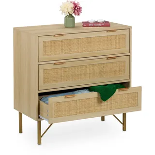 Relaxdays Kommode, 3 Schubladen, Rattan- & Holzoptik, HBT 80 x 80 x 42 cm, Wohnzimmer, Flur, Kommodenschrank, natur/gold