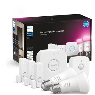 Philips Hue Secure Starter Kit - mit 3 Kontaktsensoren, 1 Bewegungssensor, 2 White & Color Ambiance E27 LED Lampen, 1 Hue Bridge, Smart Home Security & Lichtsteuerung mit nur Einer App