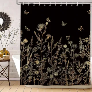 hometrixx Boho Vintage Duschvorhang Schwarze Gold Blumen Retro 180x200cm | Wasserdicht Polyester, Maschinenwaschbar, Badevorhänge mit 12 Ringe, Schimmelresistent Badezimmervorhang für Dusche Bad