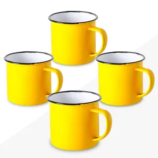 FUN FAN LINE - 4er-Set Retro-Emaillebecher aus Metall, Gelb | Hohe Vintage-Frühstücksbecher mit 380ml Volumen | Originelle Tasse für Kaffee, Tee | Das perfekte Tassen-Set als Geschenkidee