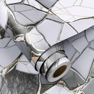 FunStick Selbstklebende Marmor Tapete Grau Weiß Klebefolie Küchenrückwand Schrank Tapete Selbstklebend Marmor Folie Arbeitsplatte Tisch Grau Zerbrochener Marmoroptik Küchenfolie Schrankpapier 30CM×5M
